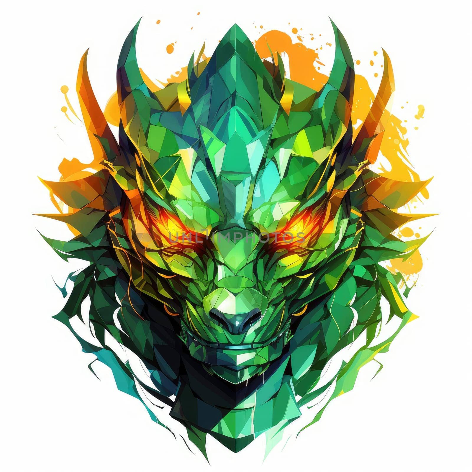 A psychedelic pop art style dragon portrait isolated on white. Graphic Design Element. Template for sticker, poster, t-shirt print, etc.