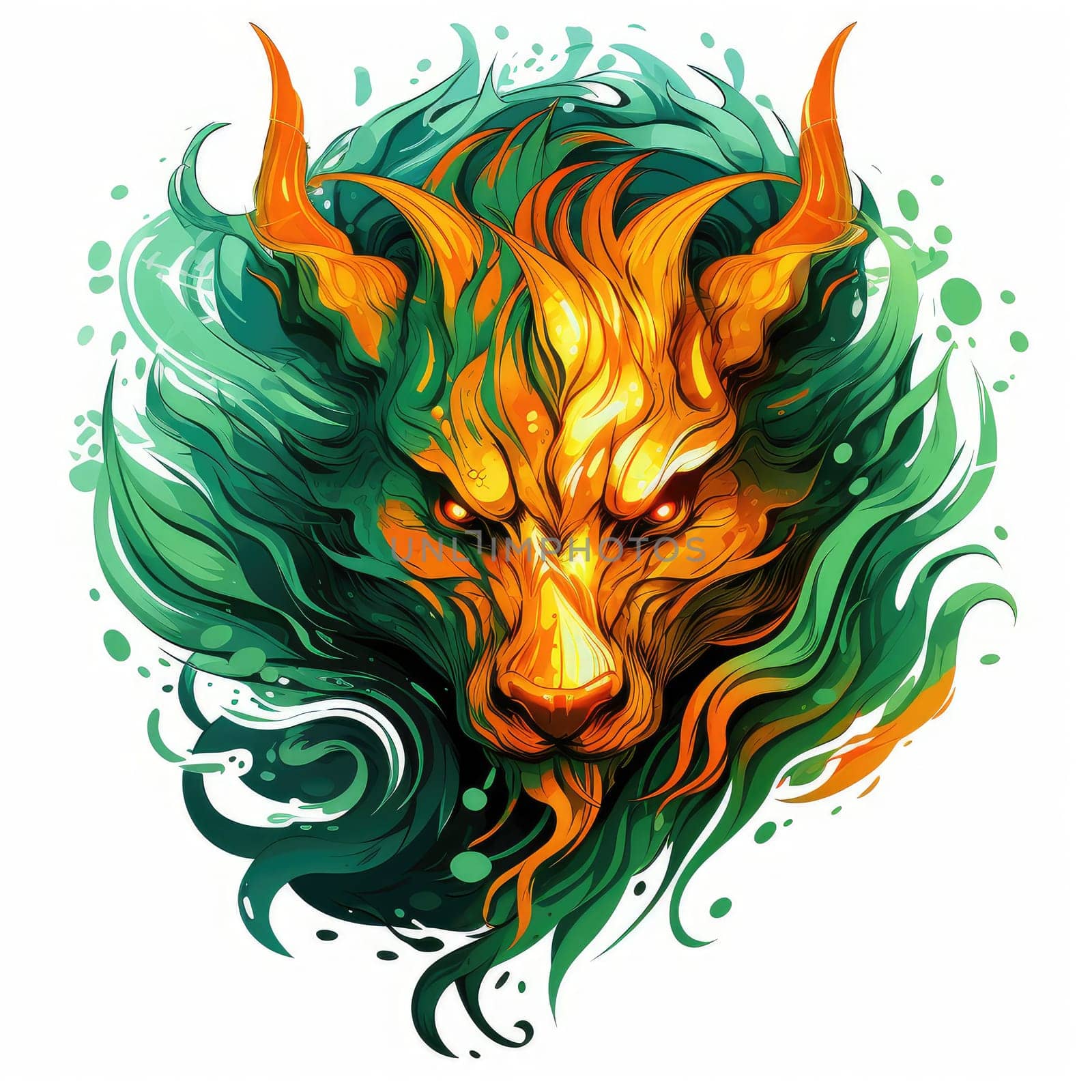 A psychedelic pop art style dragon portrait isolated on white. Graphic Design Element. Template for sticker, poster, t-shirt print, etc.