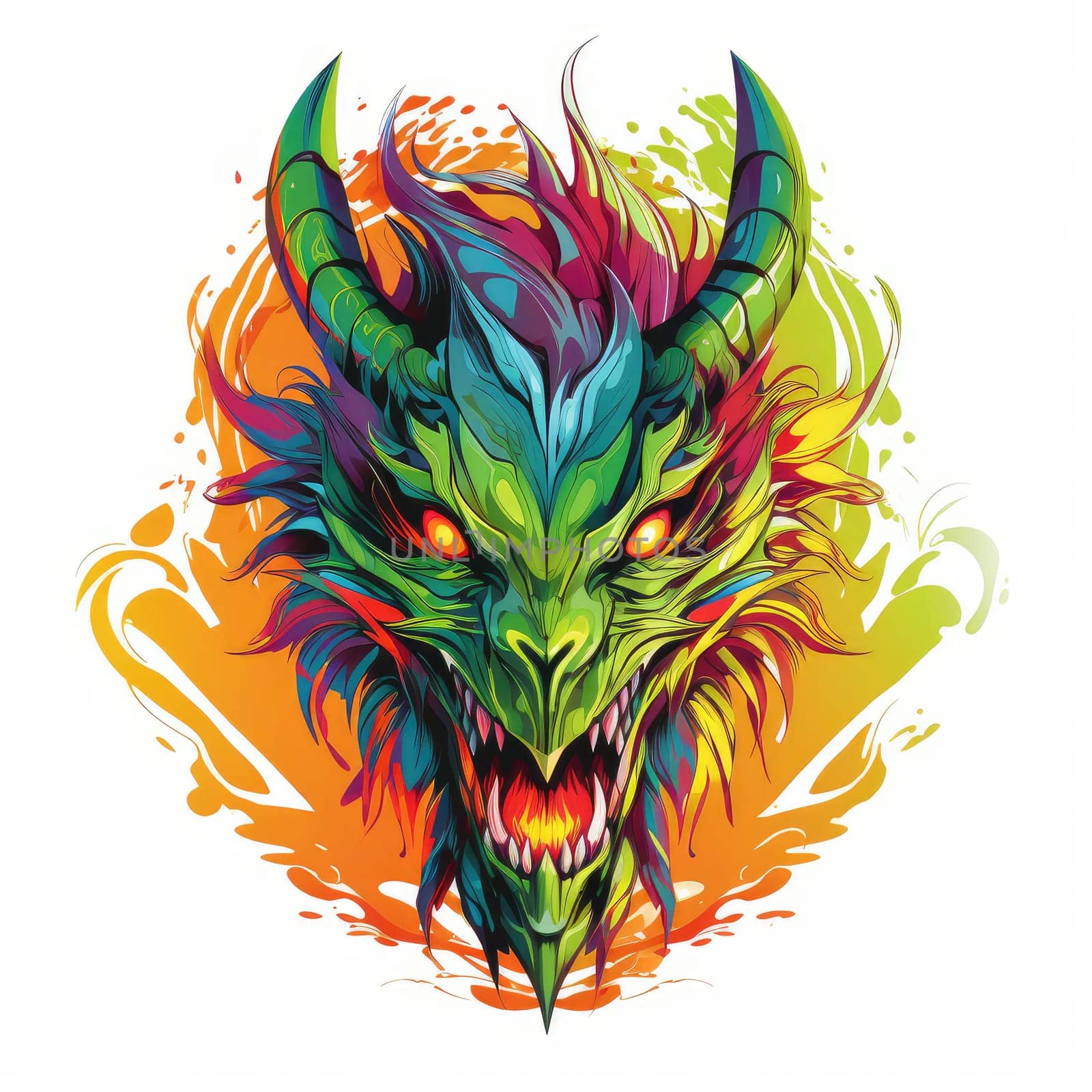 A psychedelic pop art style dragon portrait isolated on white. Graphic Design Element. Template for sticker, poster, t-shirt print, etc.