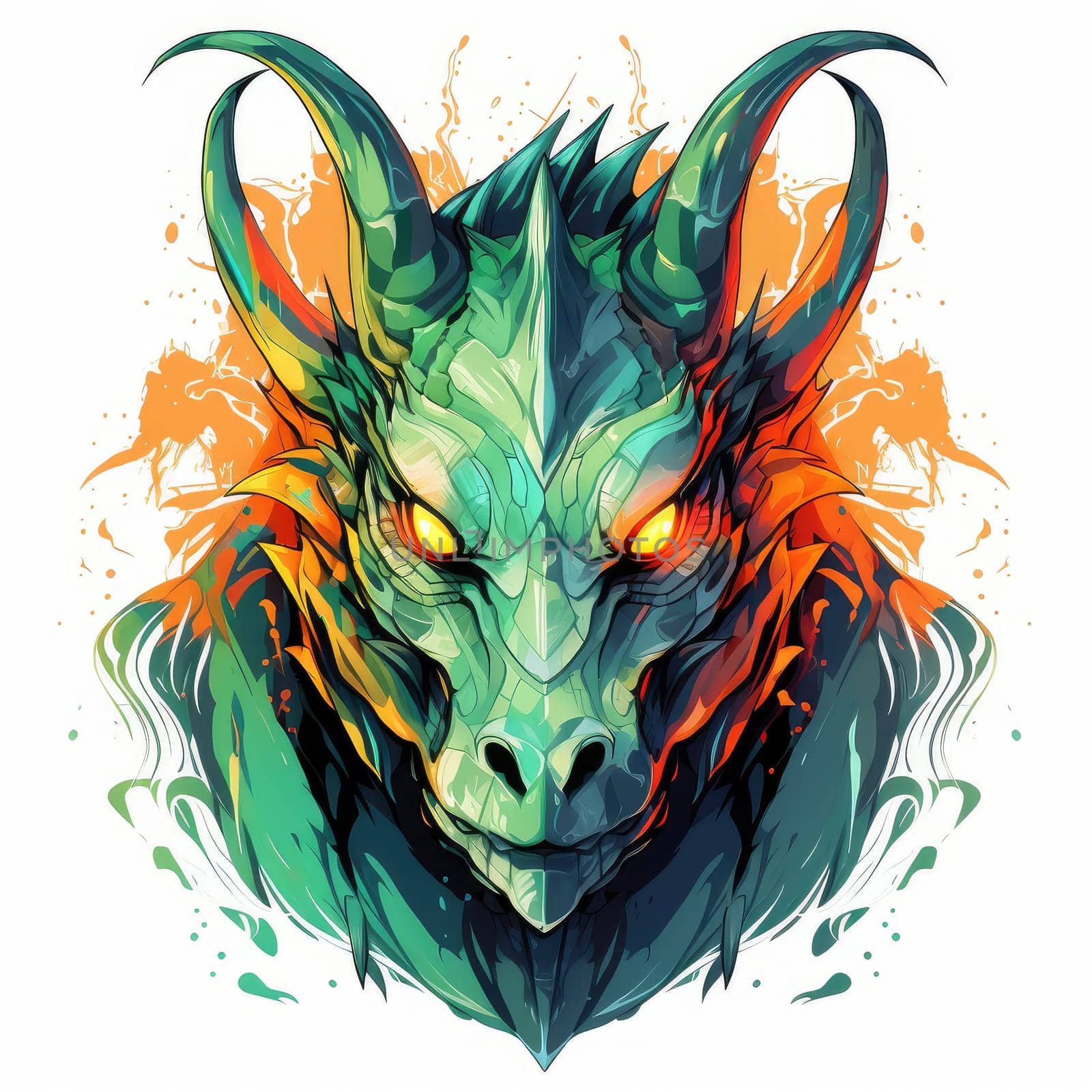 A psychedelic pop art style dragon portrait isolated on white. Graphic Design Element. Template for sticker, poster, t-shirt print, etc.