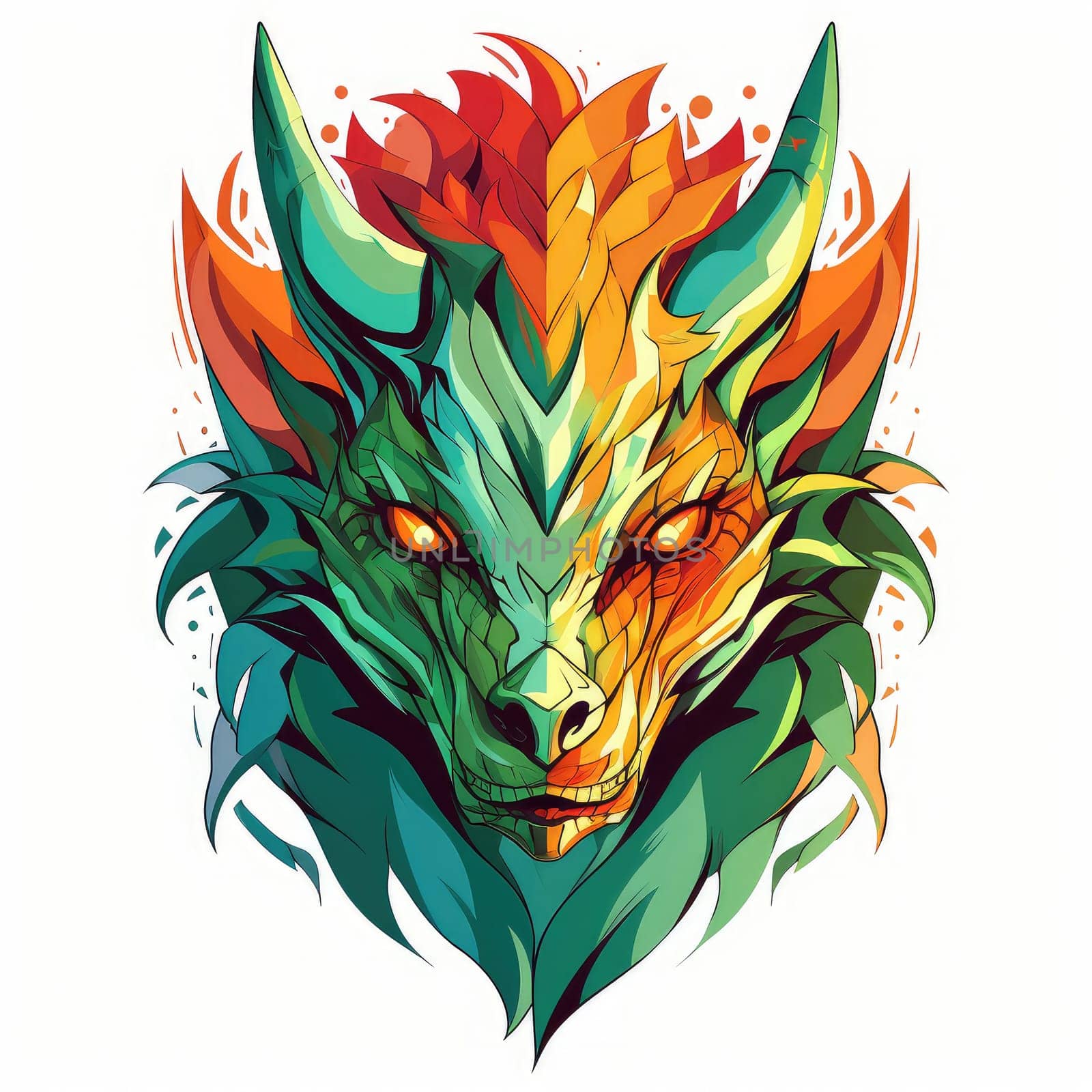 A psychedelic pop art style dragon portrait isolated on white. Graphic Design Element. Template for sticker, poster, t-shirt print, etc.