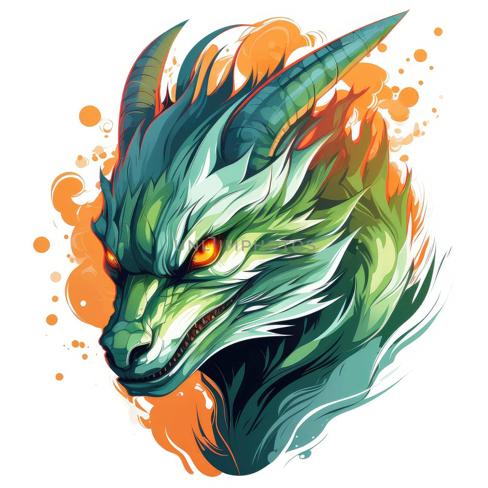 A psychedelic pop art style dragon portrait isolated on white. Graphic Design Element. Template for sticker, poster, t-shirt print, etc.