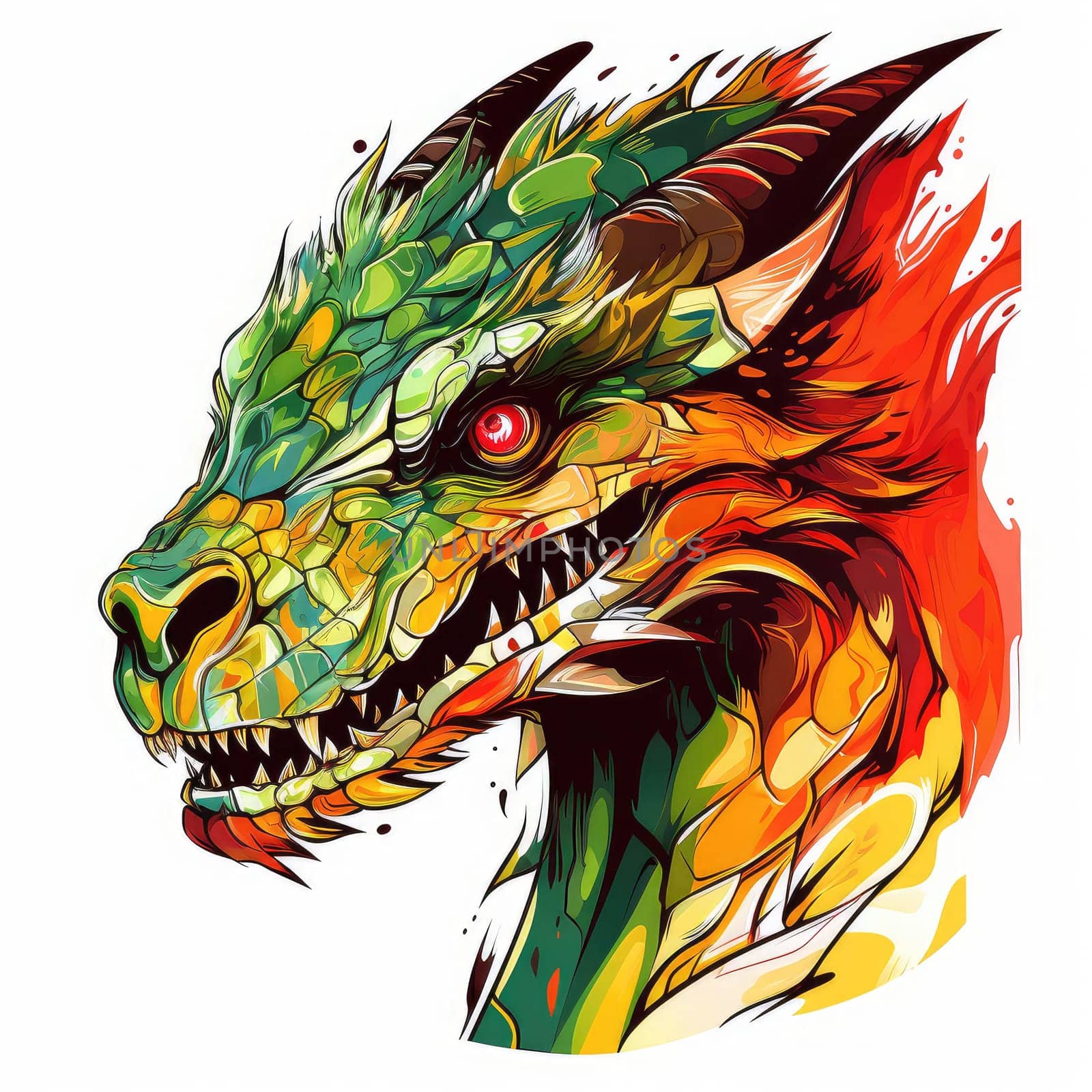 A psychedelic pop art style dragon portrait isolated on white. Graphic Design Element. Template for sticker, poster, t-shirt print, etc.