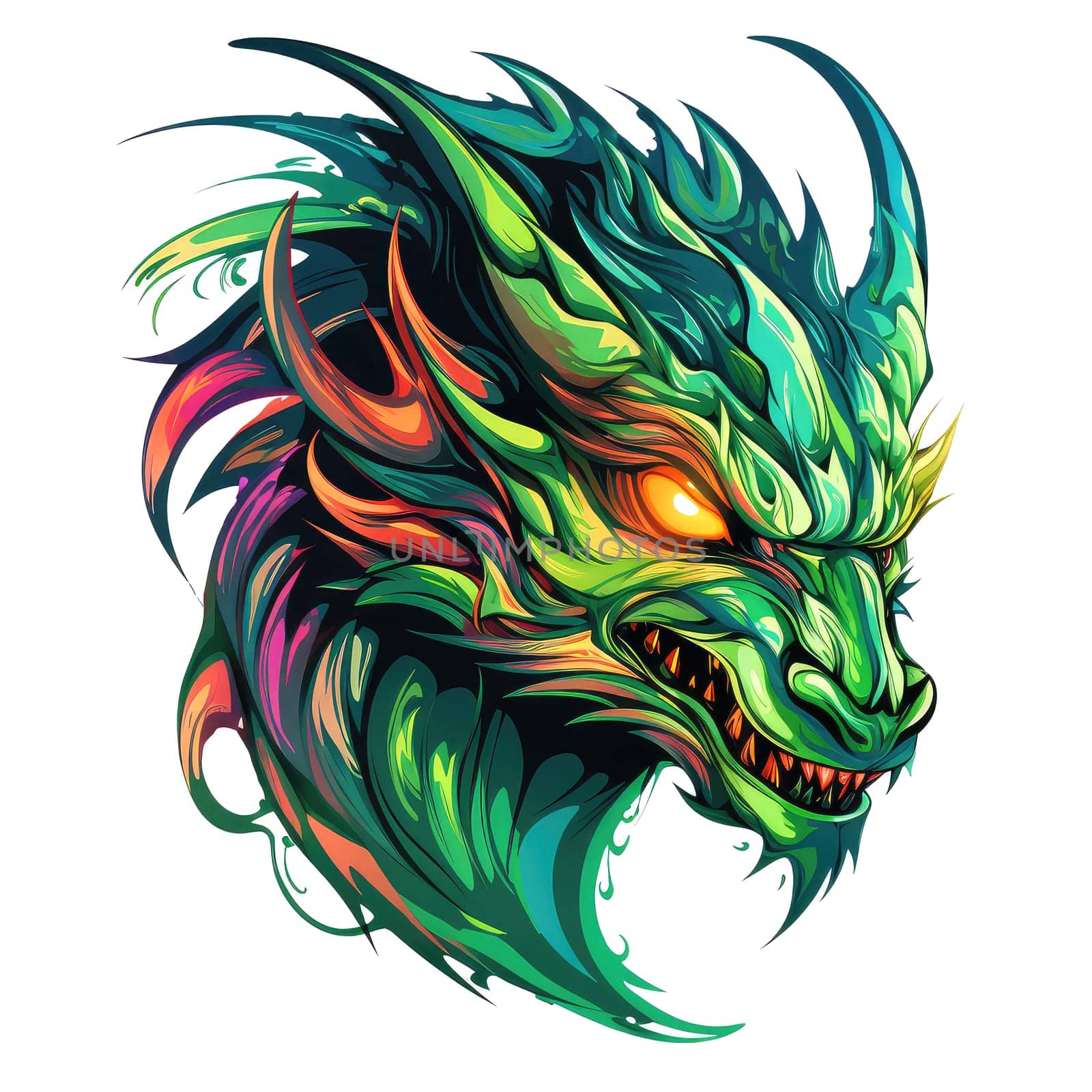 A psychedelic pop art style dragon portrait isolated on white. Graphic Design Element. Template for sticker, poster, t-shirt print, etc.