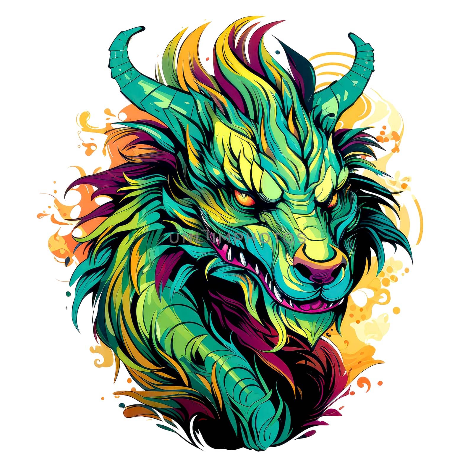 A psychedelic pop art style dragon portrait isolated on white. Graphic Design Element. Template for sticker, poster, t-shirt print, etc.