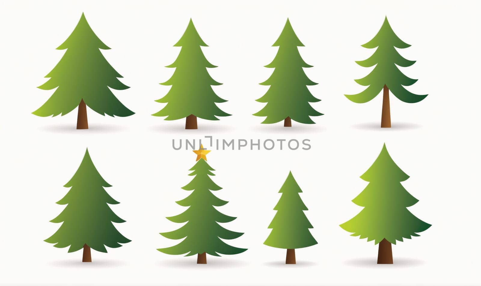 A digital illustration of eight pine trees, rendered in a simple, flat style. The trees have green foliage and brown trunks and are arranged in two rows of four. A yellow star is on top of one tree.