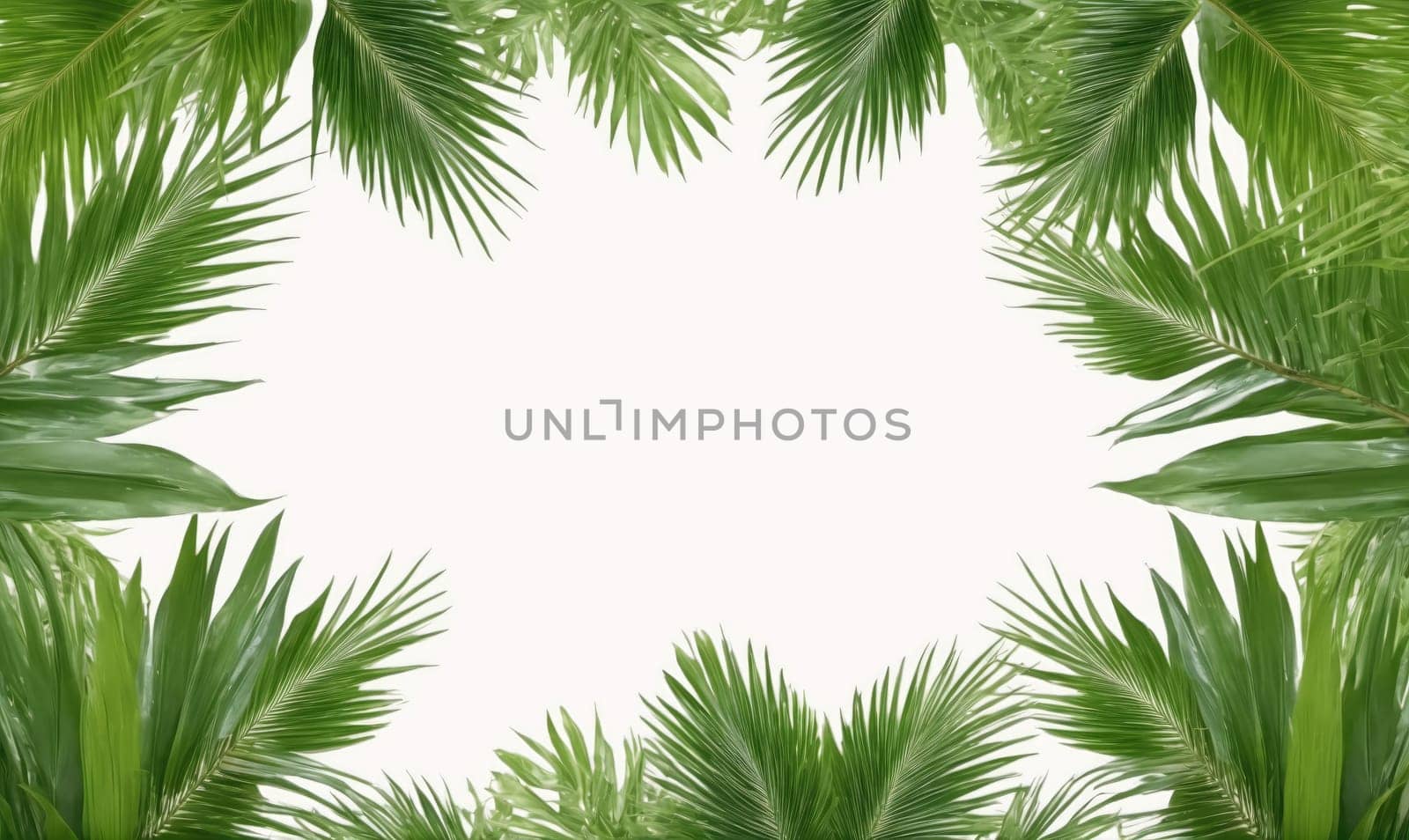 Green palm leaves surround a white background, creating a natural frame.