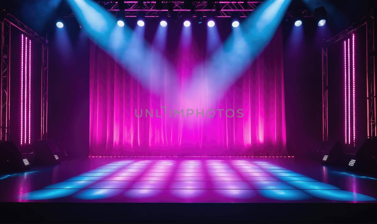 An empty stage is illuminated by spotlights. The stage is covered with a dance floor, and there are curtains in the background. The spotlights are a bright blue and pink.