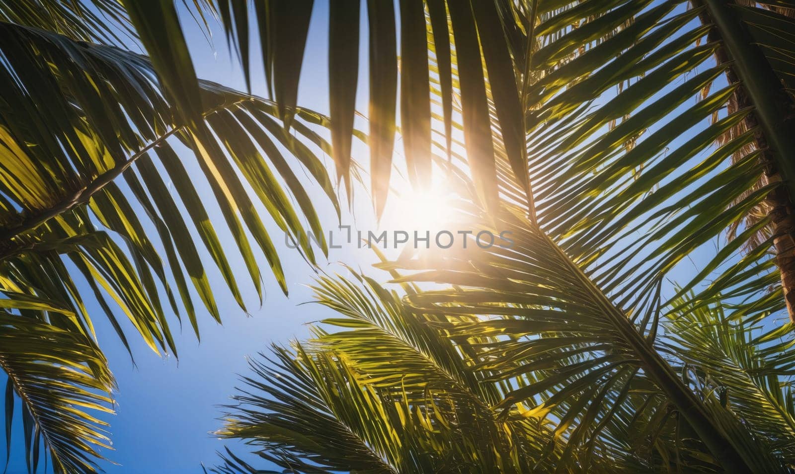 Palm leaves create a natural frame around the sun, shining through the green foliage and casting a warm glow. A bright blue sky is visible above, with no clouds.