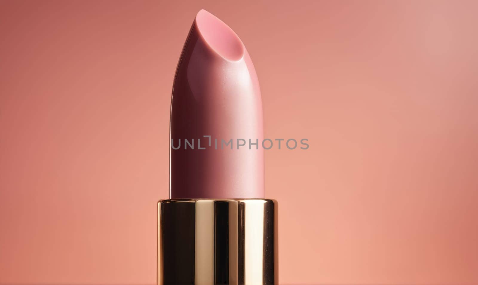 A close-up of a pink lipstick tube is photographed against a soft, peach background. The lipstick is closed and the tube is mostly in focus