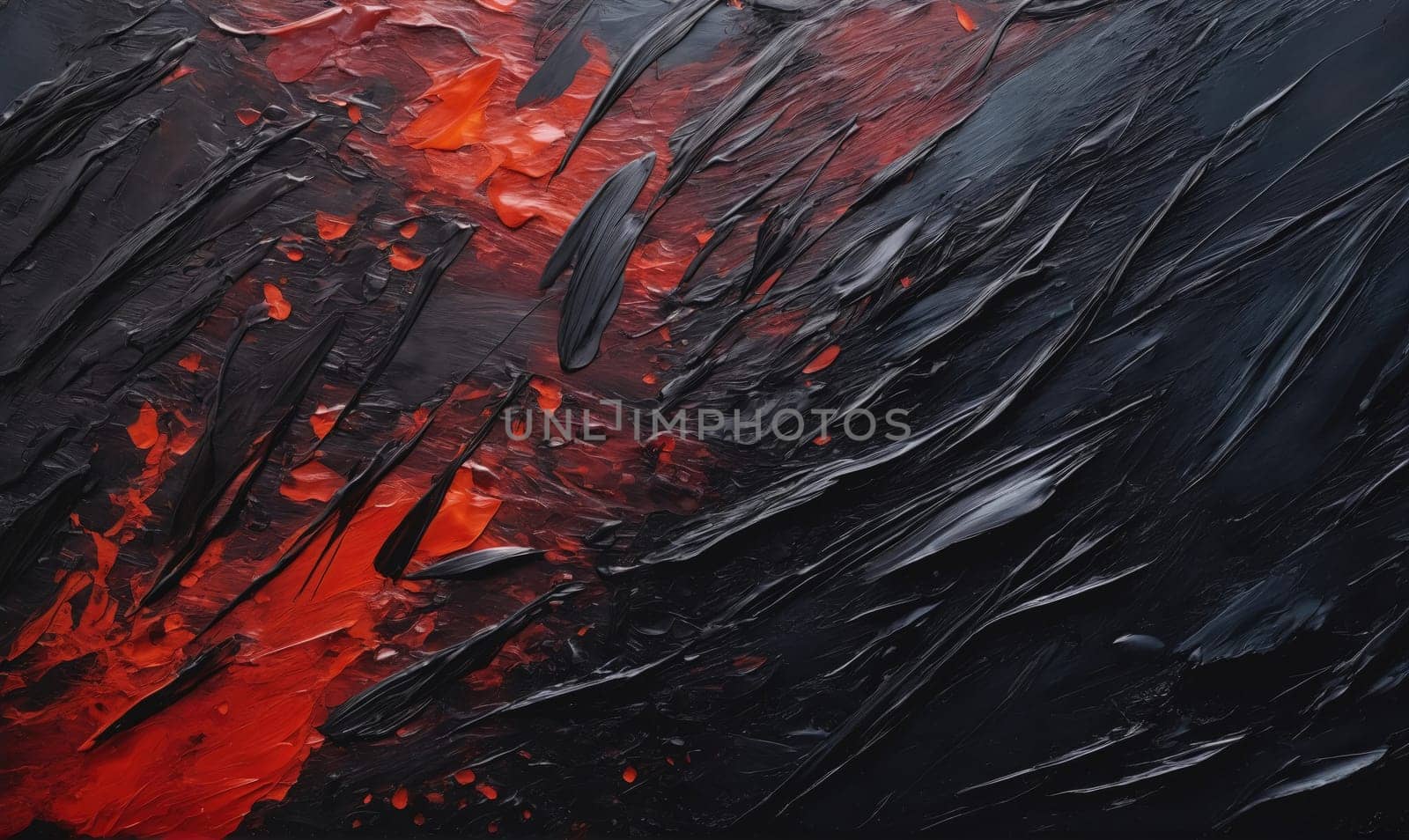 An abstract painting in black and red with heavy paint application. The paint is thick and textured, creating a dynamic and interesting composition.