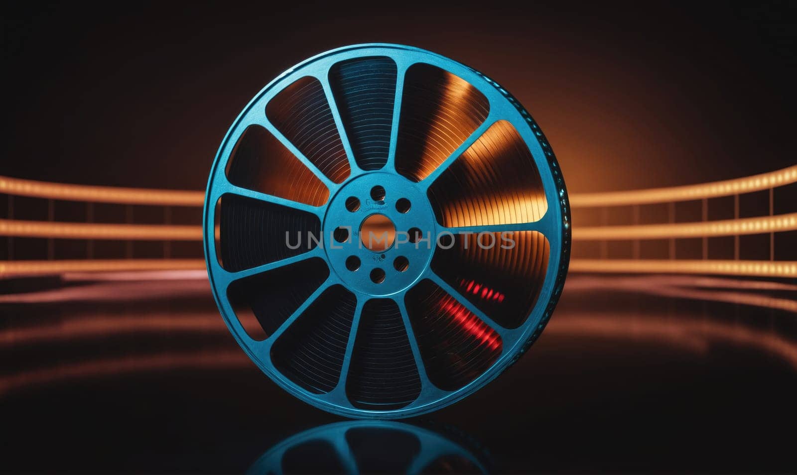 A single blue film reel is on a dark surface with a slightly blurred background of orange film strips. The film reel has a reflective surface.