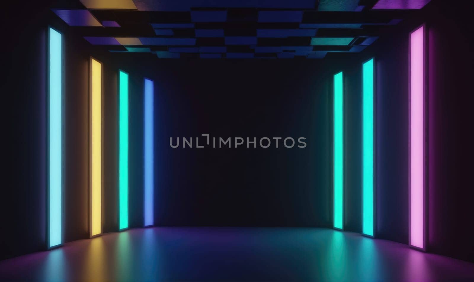 A dark room is lit by a series of vertical neon lights of different colors. The lights cast a colorful glow on the reflective floor, creating a sense of depth and dimension.