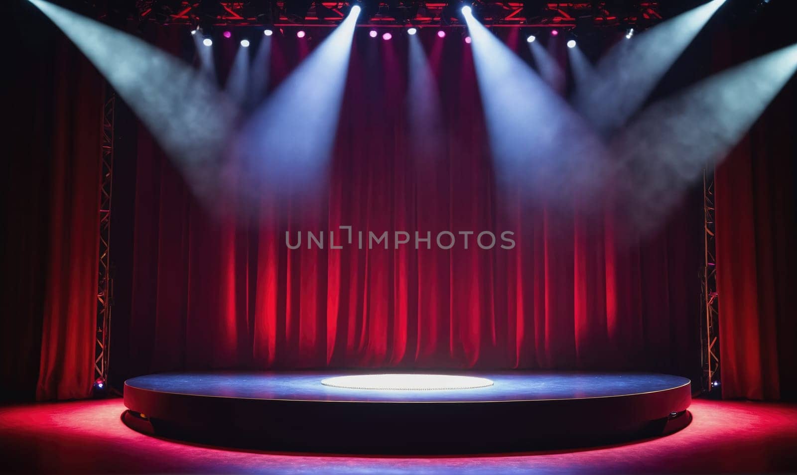 A stage with red curtains is illuminated by spotlights, creating a dramatic and inviting atmosphere. The stage is empty, waiting for the performers to take their place.