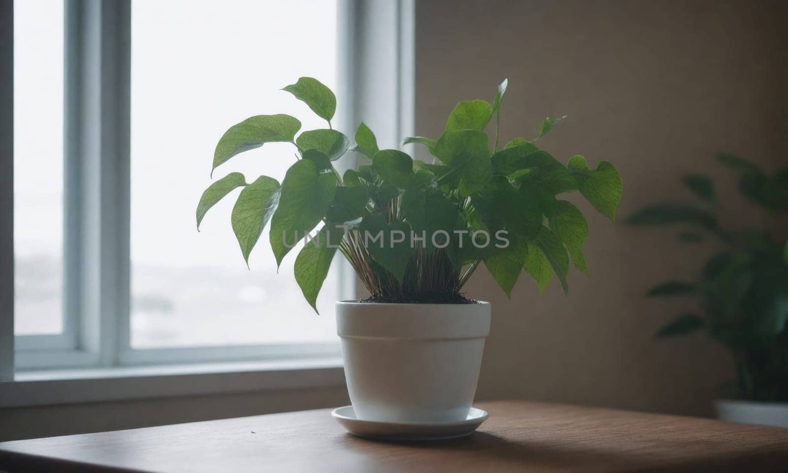 A potted plant with green leaves sits on a wooden table next to a window. The plant is in a white pot with a white saucer.