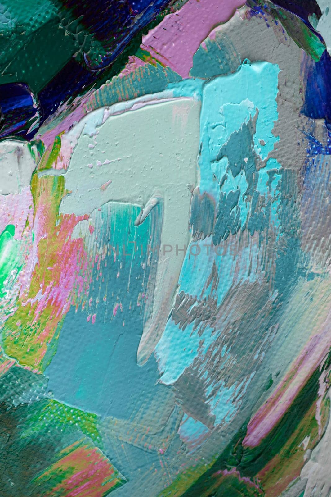 Bright, swirling colors blend into an abstract composition, showcasing expressive brushwork and thick layers of paint applying artistic creativity.