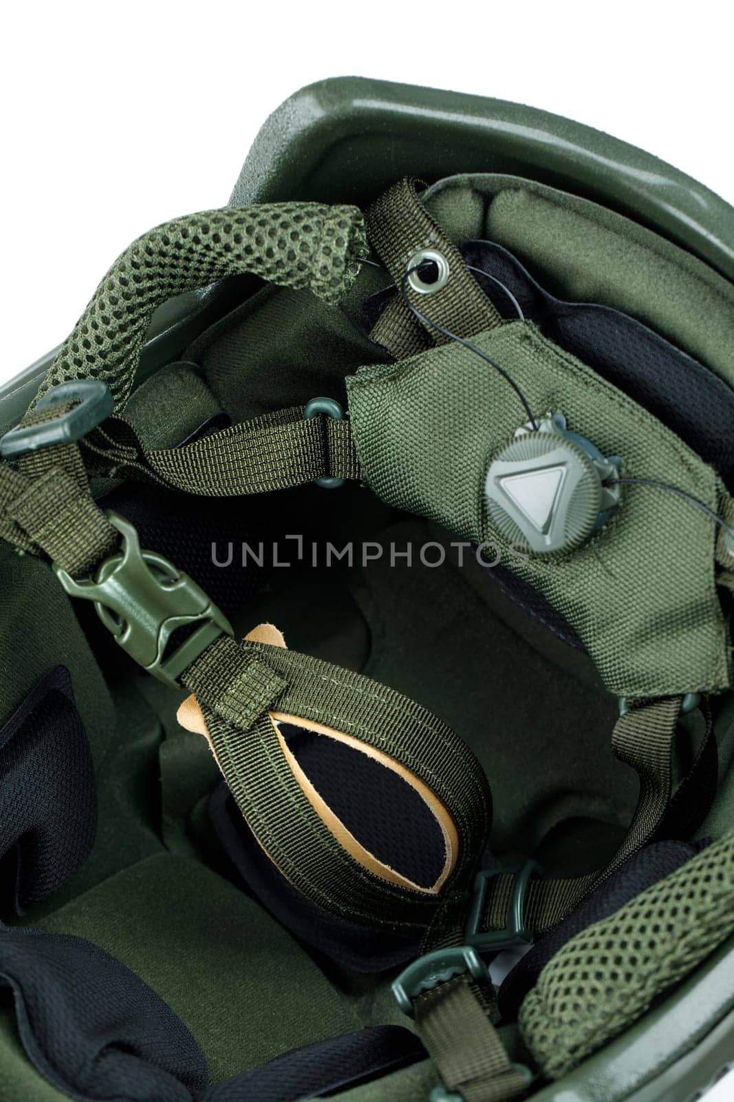 Green details military helmet a white background. High quality photo