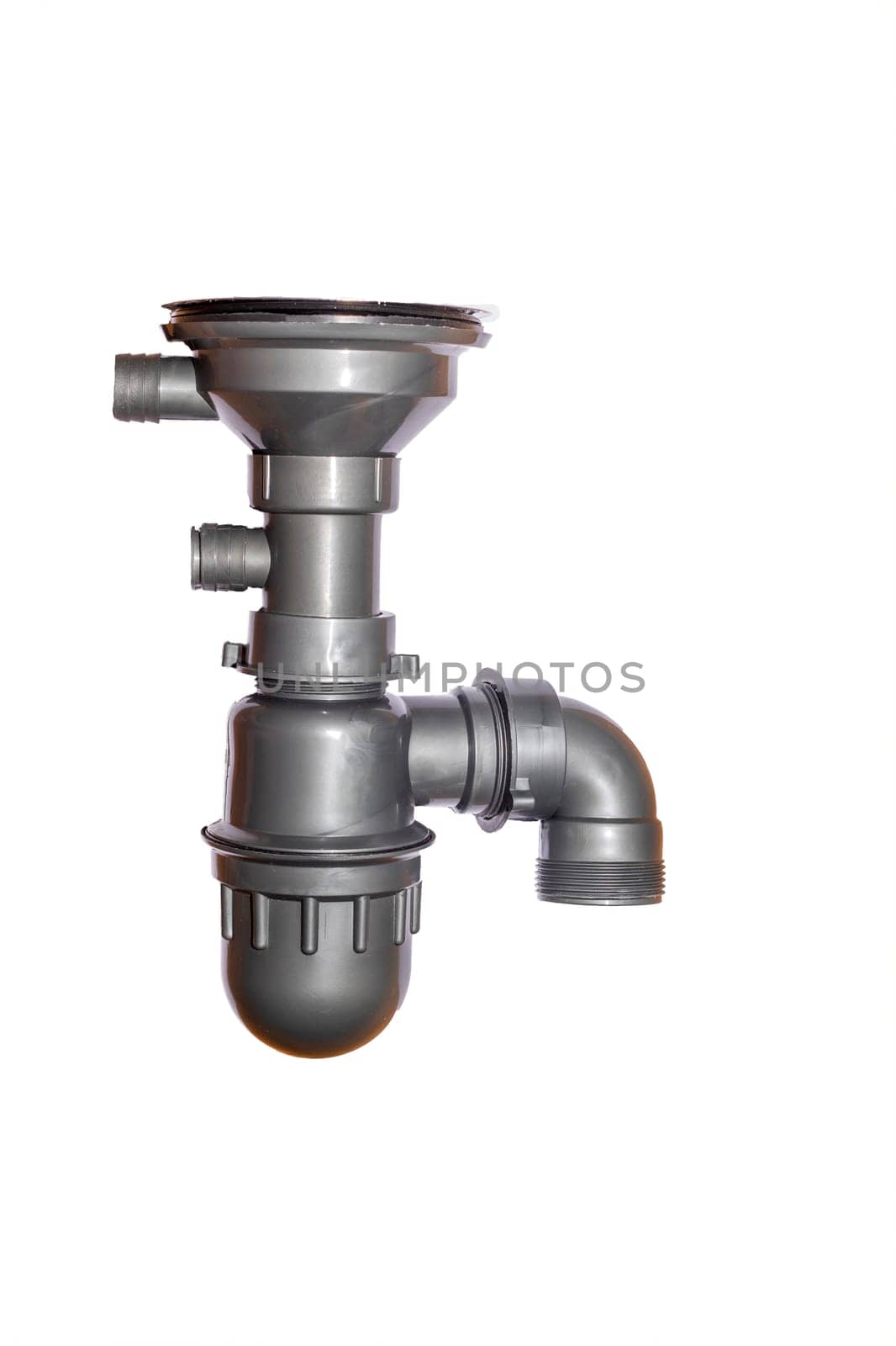 Sanitary plastic big siphon sink drain system isolated on white