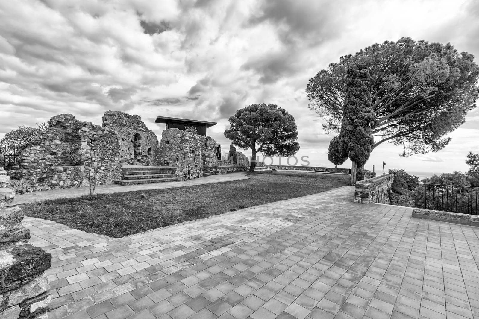 Castle ruins at Castelmola, Sicily, Italy. Black and white