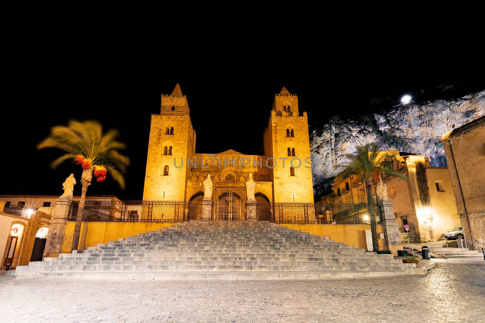 Night view of Cefalu cathedral in Sicily, Italy
