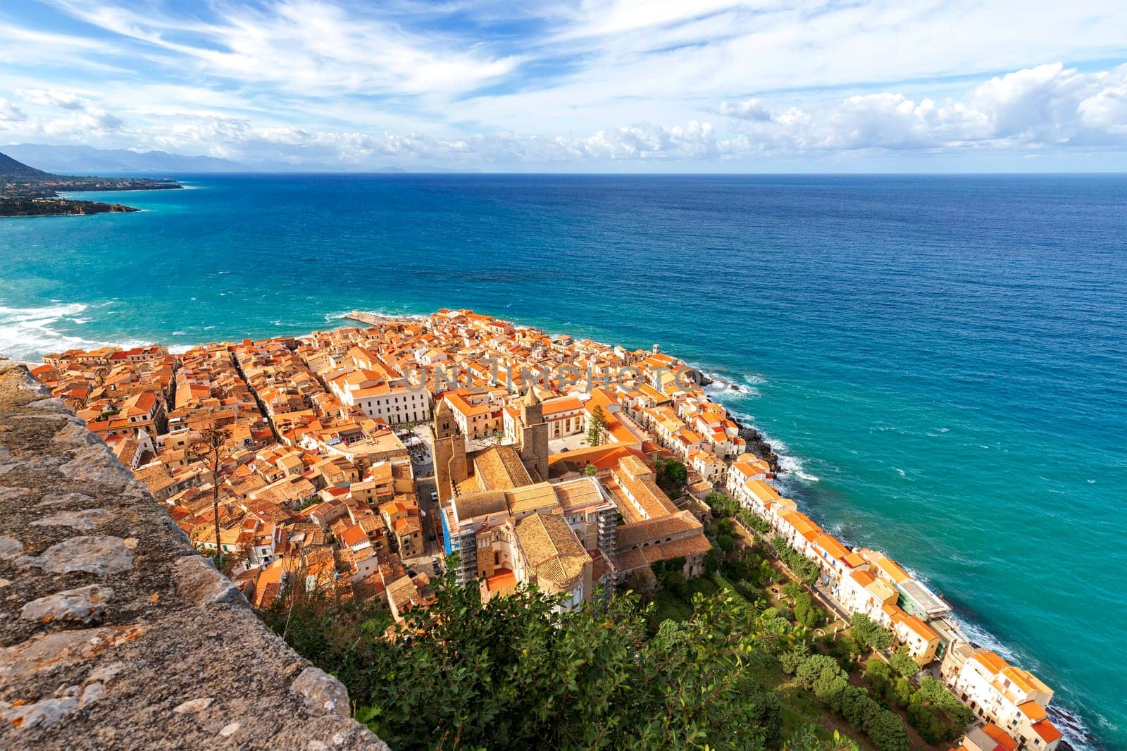 View above to medieval village Cefalu of Sicily island, Italy