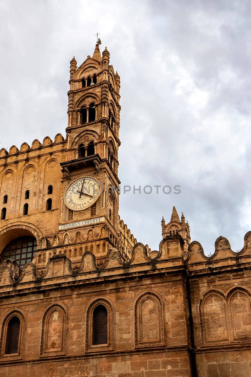 Clock tower of famous Palermo Cathedral in Palermo, Italy