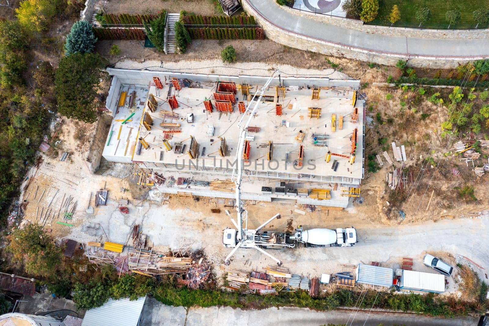 aerial top view of a construction site. Making a new building