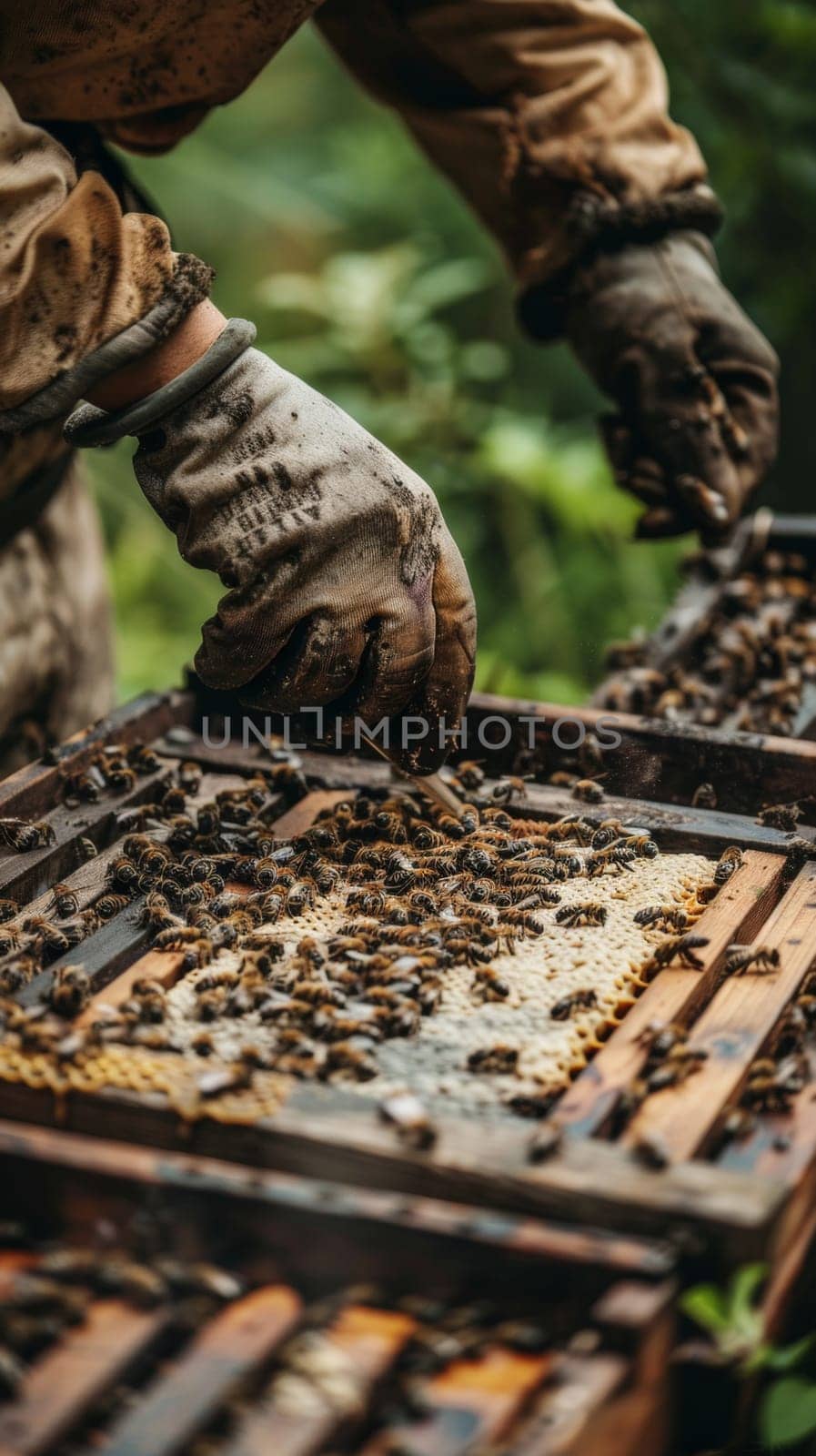 A beekeeper gently tends to bee hives in a lush environment, his gloves covered in pollen and propolis. His dedication to the craft shines through the image