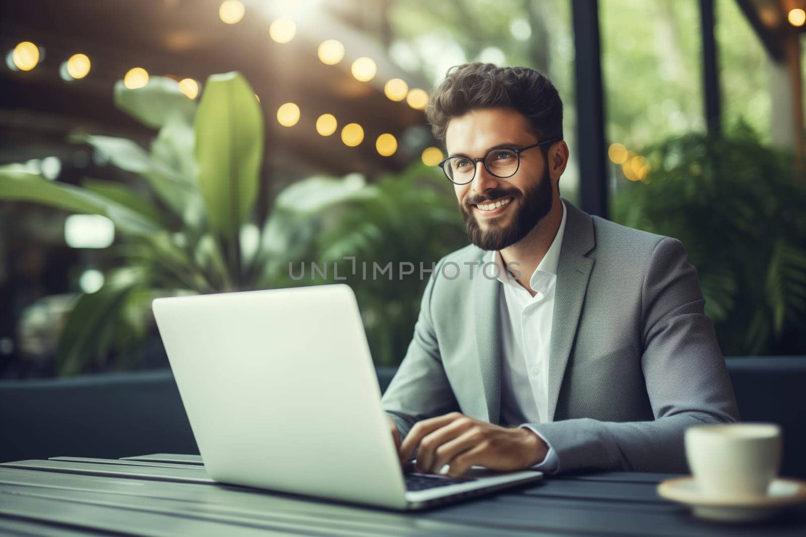 Happy successful young businessman working on a laptop, smiling male entrepreneur sitting in a cafe