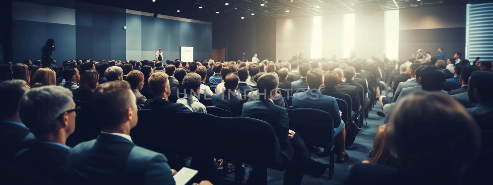 Rear view of crowd of business people sitting in conference hall at a seminar, official meeting, people in business formal clothes listening to a speech