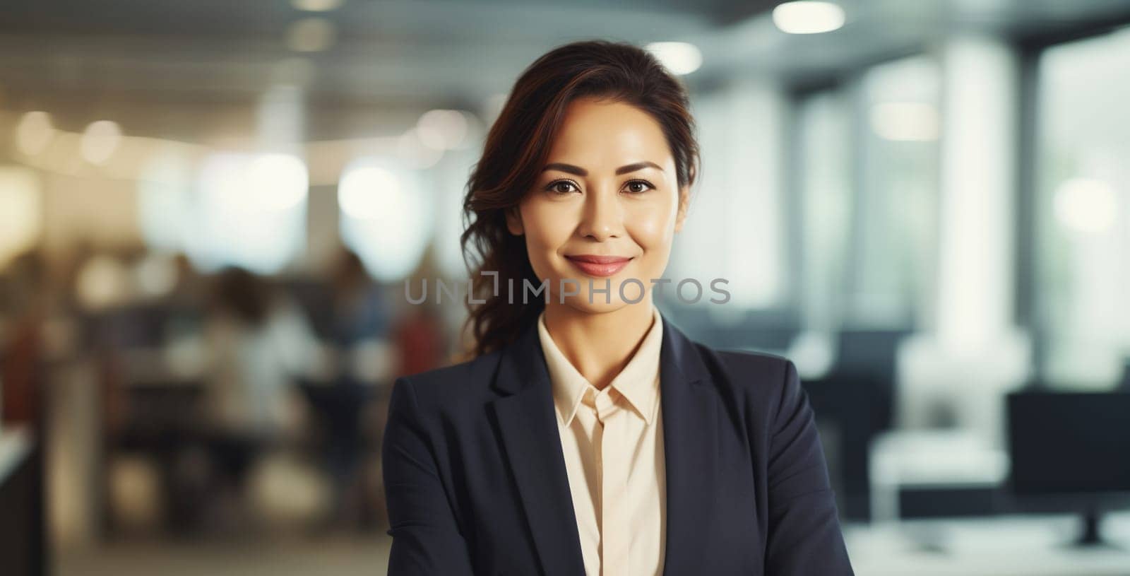 Portrait of confident happy smiling Asian businesswoman standing in the office, female entrepreneur wearing business suit and looking at camera