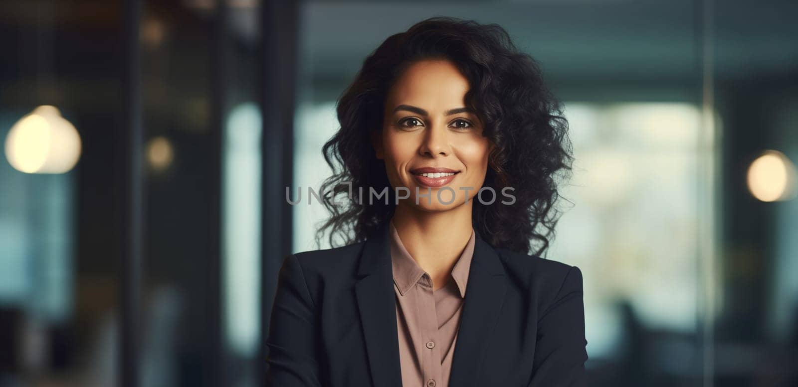 Portrait of confident happy smiling businesswoman standing in the office, female woman entrepreneur in business suit and looking at camera