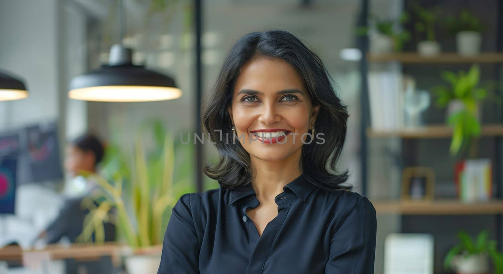 Portrait of confident happy smiling Indian mature businesswoman standing in the office, female woman entrepreneur in business workplace and looking at camera