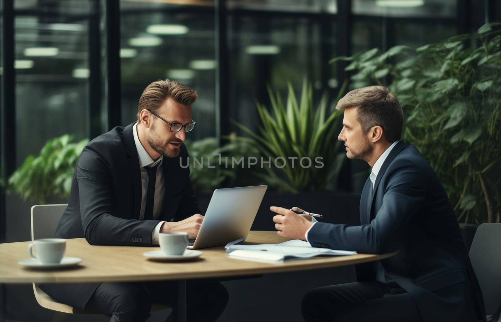 Business people discussing a new project together sitting at the desk in an office, businessmen colleagues having a conversation at a meeting
