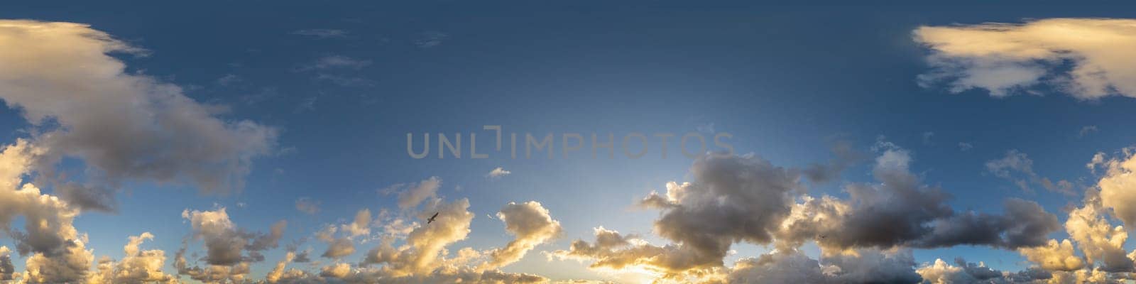 Sky panorama with Cirrus clouds in Seamless spherical equirectangular format. Full zenith for use in 3D graphics, game and editing aerial drone 360 degree panoramas for sky replacement