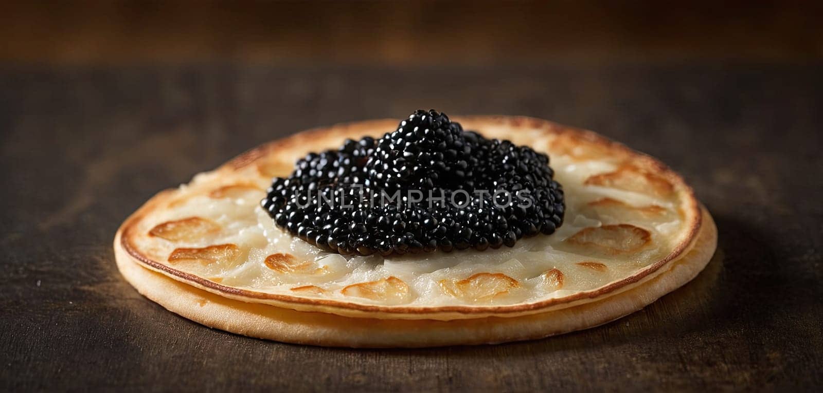 Pancakes with caviar for breakfast highlight luxury morning meal. Golden stack topped with black caviar, served on wooden plate, captures indulgent experience
