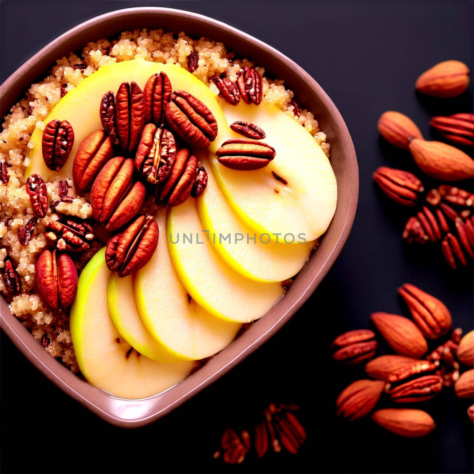 Breakfast quinoa bowl with cooked quinoa almond milk and a touch of cinnamon topped with. close-up food, isolated on transparent background