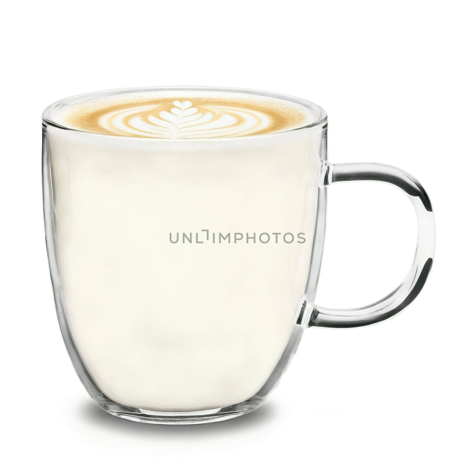 Sleek double walled glass coffee mug with a handle showcasing a creamy vanilla latte with. Drink isolated on transparent background