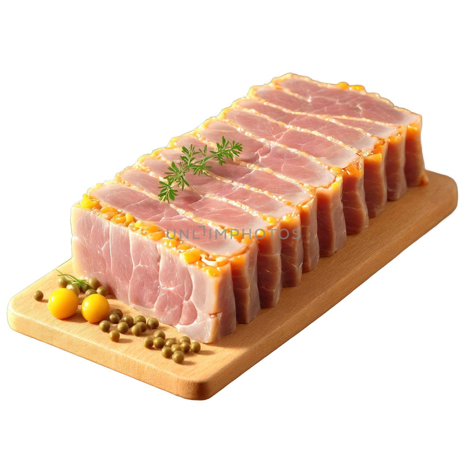 Pork head cheese sliced aspic terrine mustard seeds tumbling Food and Culinary concept. Food isolated on transparent background.