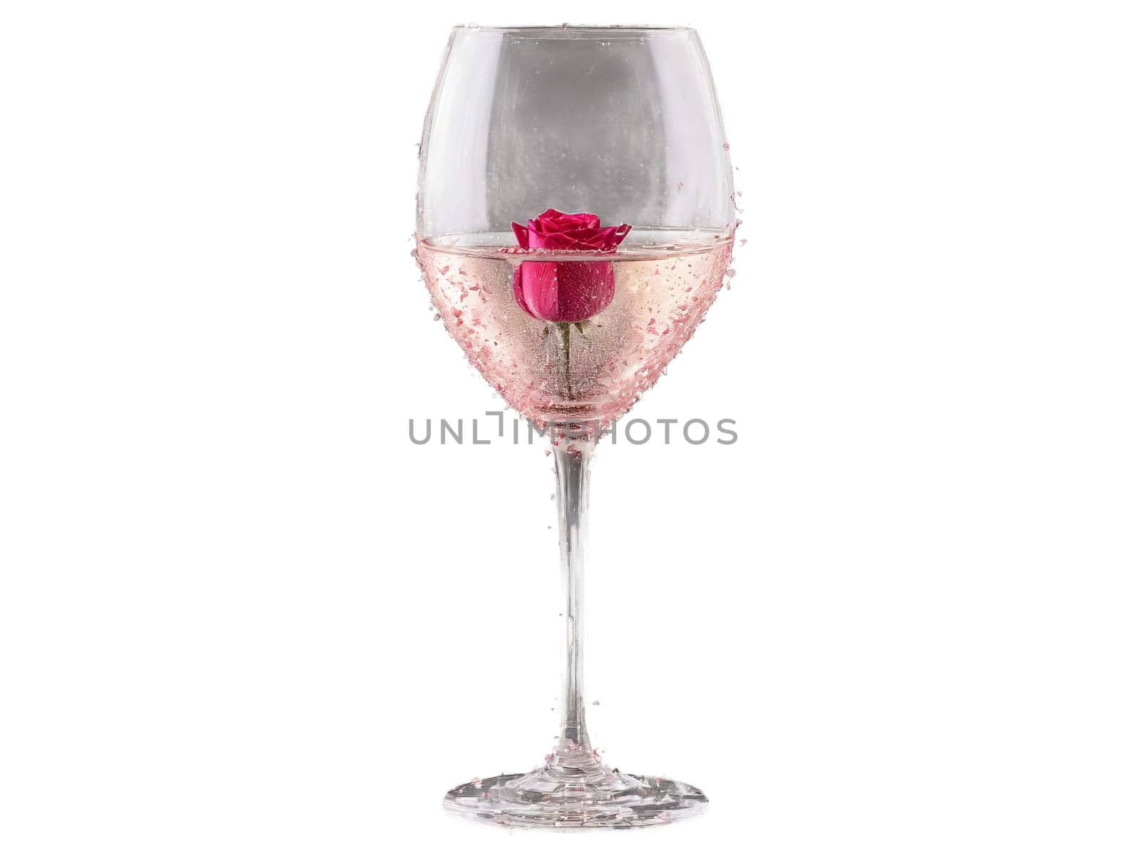 A glass slipper filled with a sparkling rose its delicate stem seemingly supporting its weight. Drink isolated on transparent background.