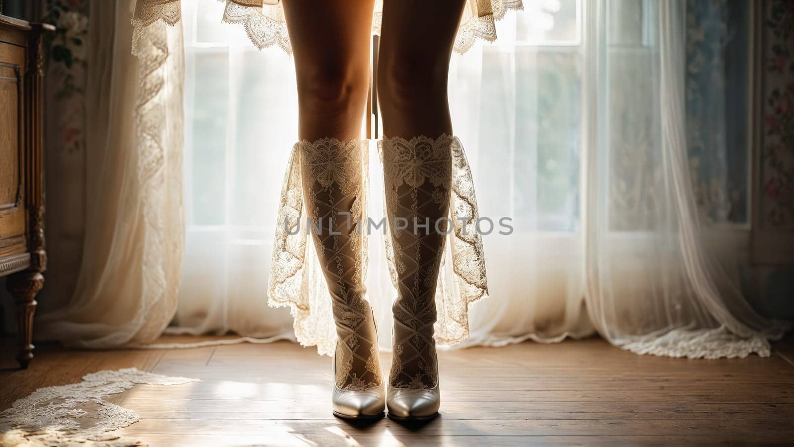Bridal lingerie model s lower body and long legs in vintage lace stockings stepping gracefully.