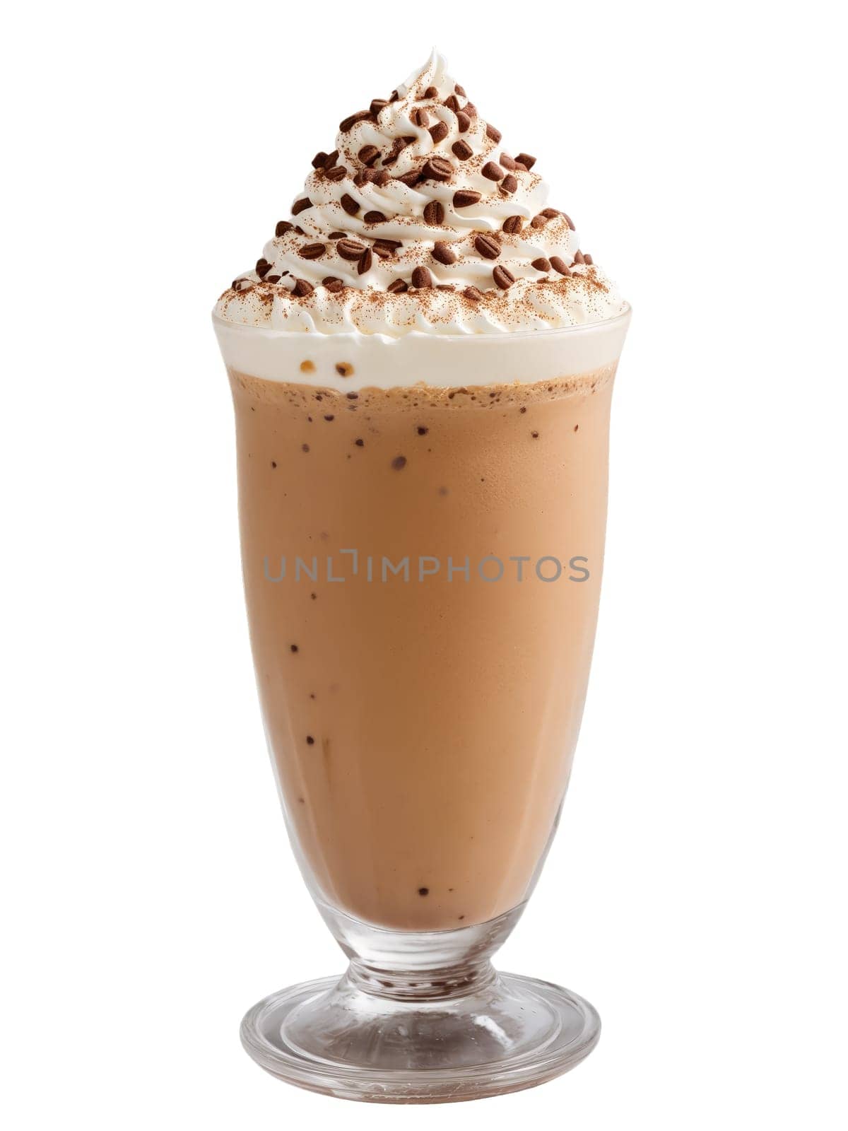 Greek Frappe in tall glass topped with foam and sprinkle of cocoa powder. Drink isolated on transparent background.