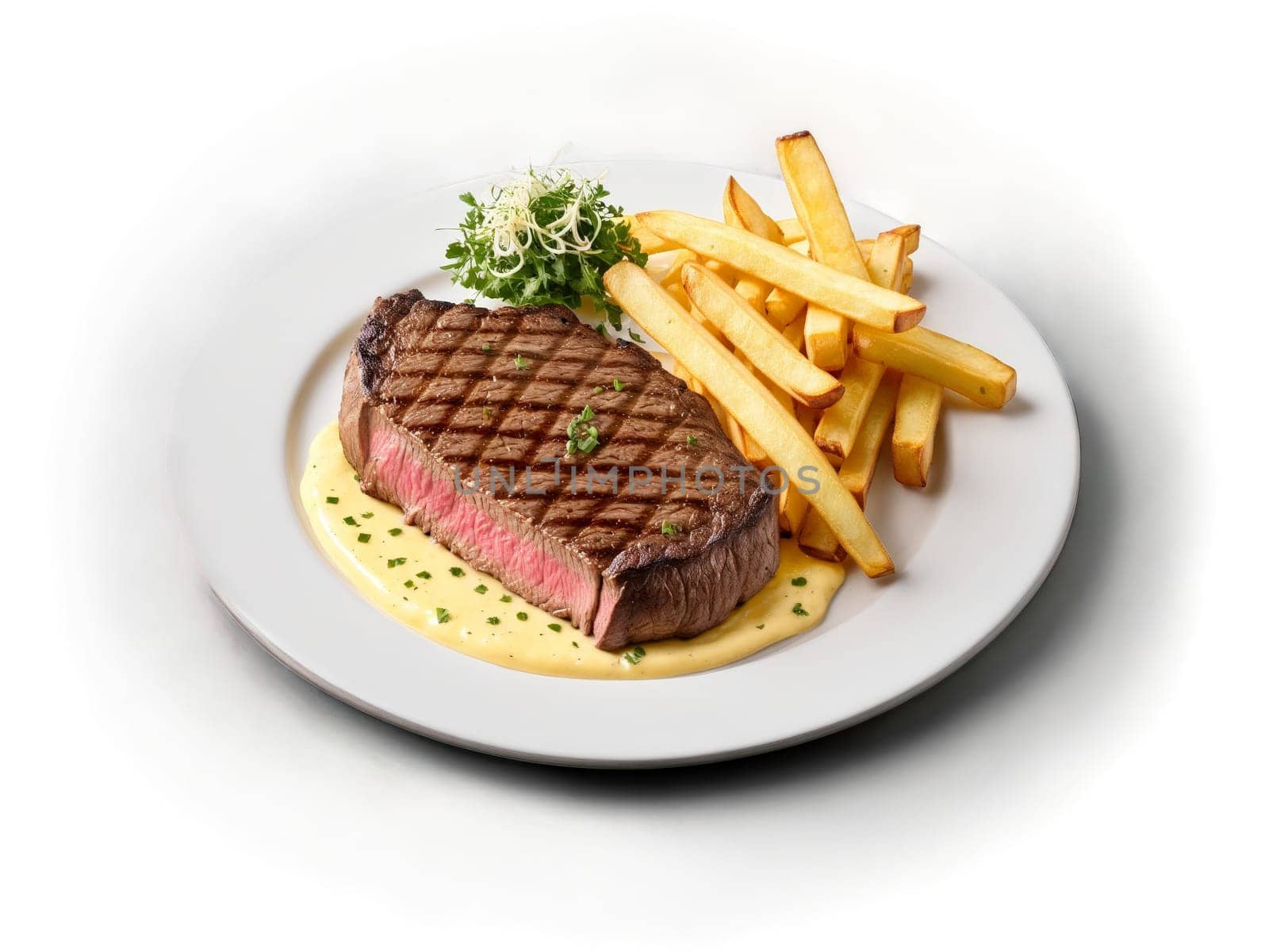 Steak Frites juicy grilled steak served with golden crispy french fries and tangy bearnaise sauce. Food isolated on transparent background.