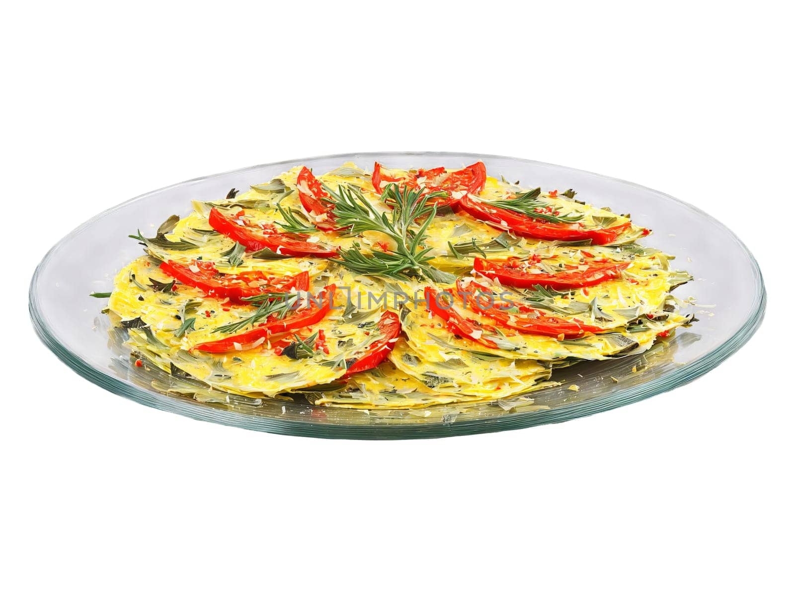 Omelette artichoke hearts and roasted red pepper with a sprinkle of Parmesan on a transparent. Food isolated on transparent background.