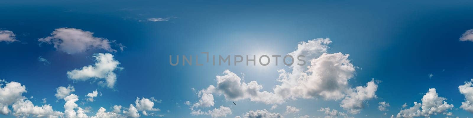 360 panorama of glowing sunset sky with bright Cirrus clouds. Seamless hdr spherical 360 panorama. Sky dome in 3D visualization, sky replacement for aerial drone panoramas. Weather and climate change.