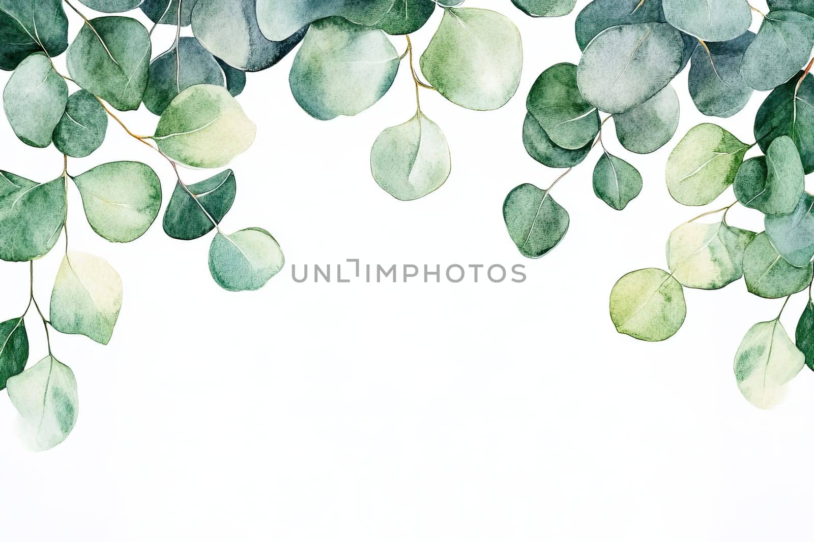 A beautiful watercolor artwork featuring eucalyptus leaves in varied hues of green, yellow, and red, complemented by vibrant red berries, elegantly arranged against a white background.