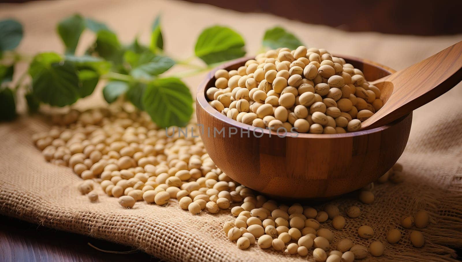 Bowl of soybeans on burlap with scattered seeds and green leaves, showcasing natural food ingredients, healthy eating, and plant based diet
