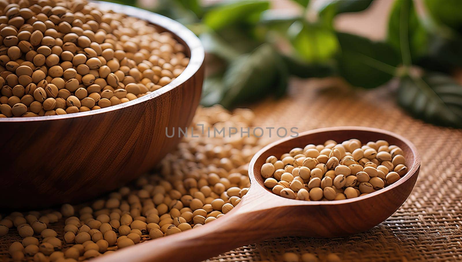 Soybeans in a wooden bowl and spoon
