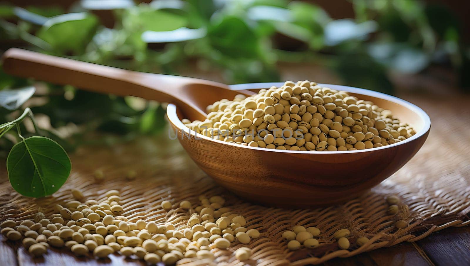 Moringa powder in a wooden bowl and spoon on burlap. Closeup.