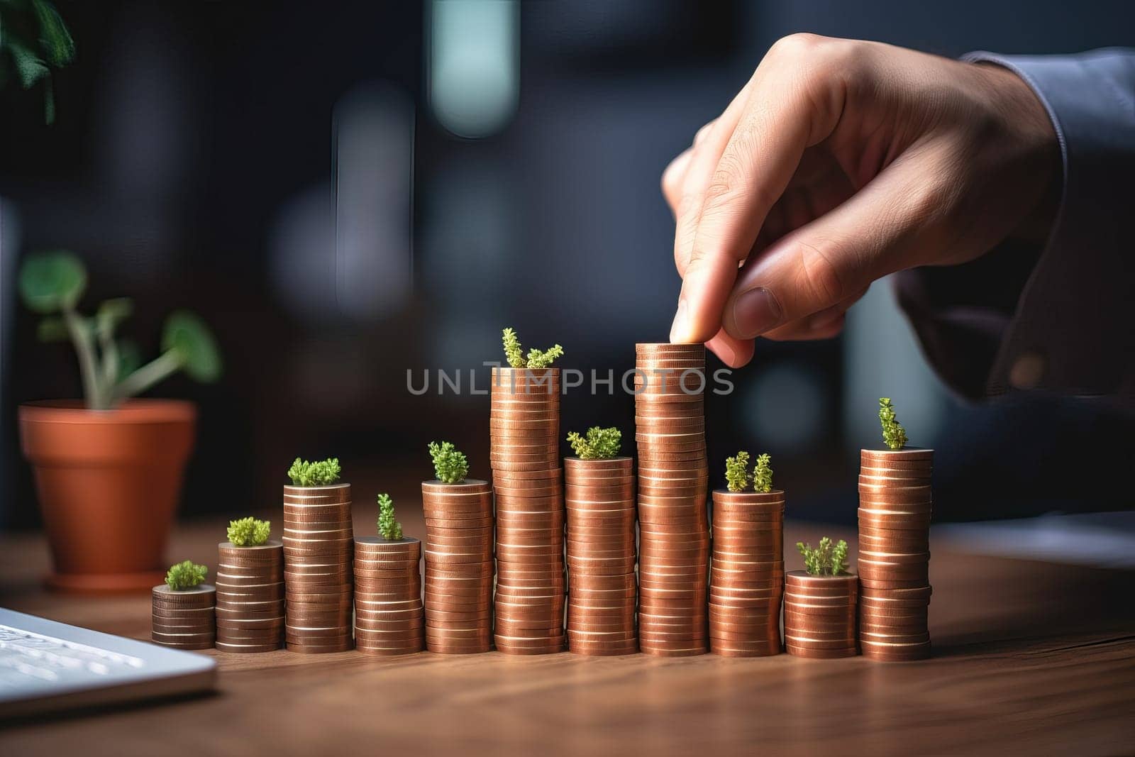 Businessman stacking coins with plants growing on top, representing financial growth and investment